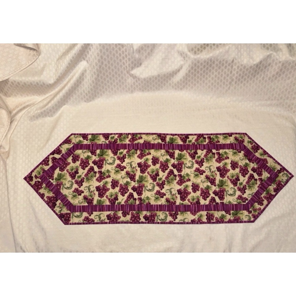 Quilted Table Runner - Handmade 41"x14 Grape Themed Tan & Purple Cottagecore EUC